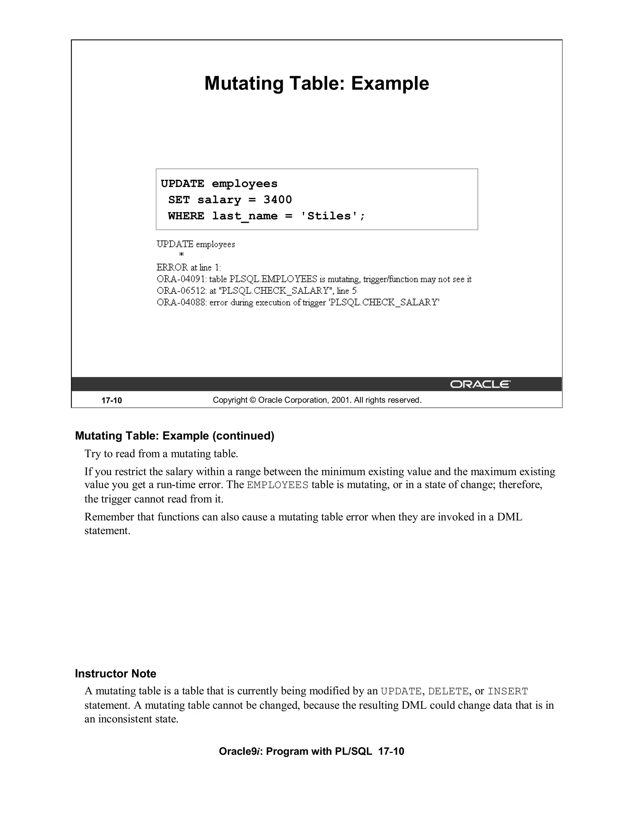 Mutating Table: Example




                  UPDATE employees
                   SET salary = 3400
                   WHERE last_name = 'Stiles';




     17-10                    Copyright © Oracle Corporation, 2001. All rights reserved.



Mutating Table: Example (continued)
  Try to read from a mutating table.
  If you restrict the salary within a range between the minimum existing value and the maximum existing
  value you get a run-time error. The EMPLOYEES table is mutating, or in a state of change; therefore,
  the trigger cannot read from it.
  Remember that functions can also cause a mutating table error when they are invoked in a DML
  statement.




Instructor Note
  A mutating table is a table that is currently being modified by an UPDATE, DELETE, or INSERT
  statement. A mutating table cannot be changed, because the resulting DML could change data that is in
  an inconsistent state.

                               Oracle9i: Program with PL/SQL 17-10
 