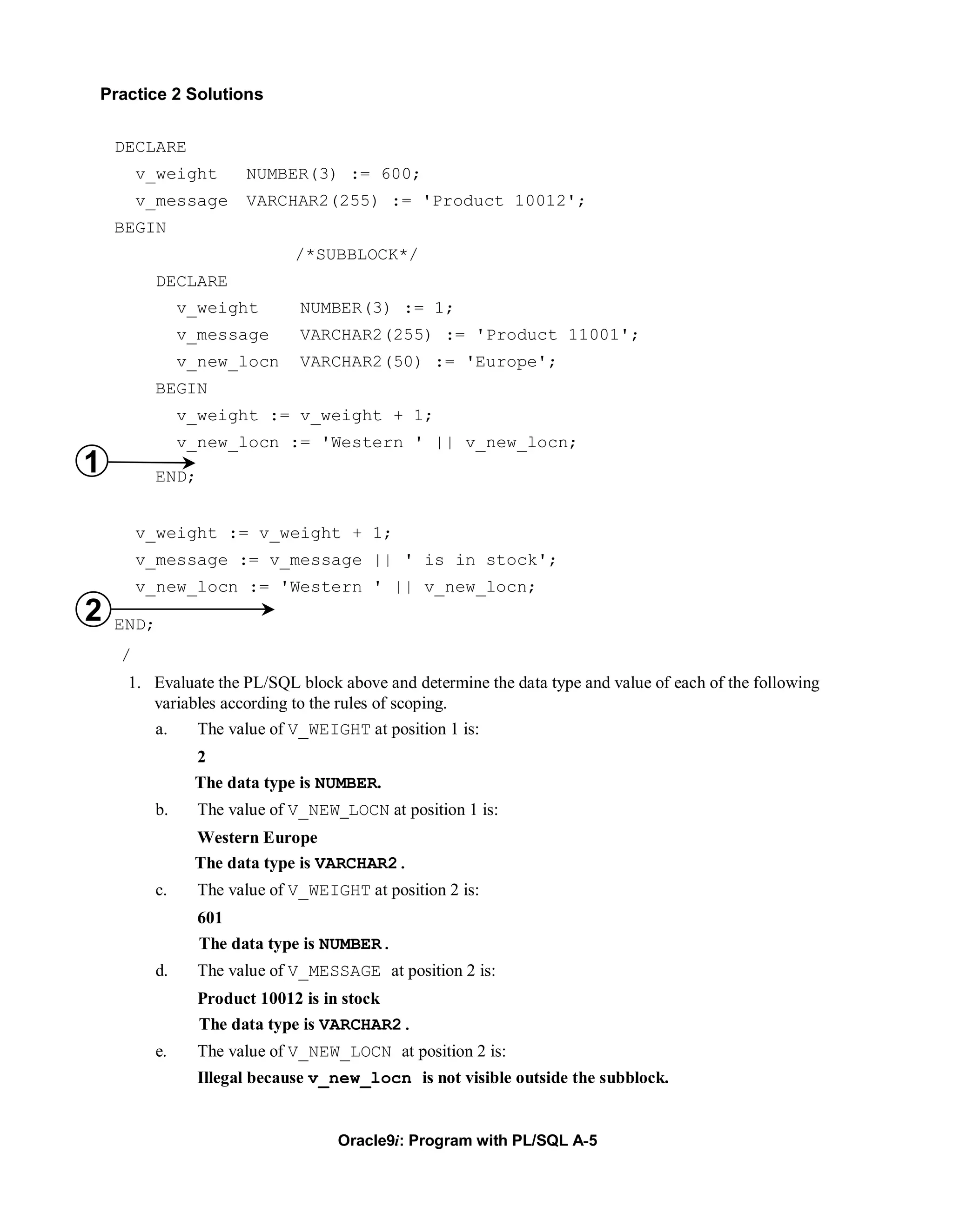 Practice 2 Solutions


    DECLARE
        v_weight      NUMBER(3) := 600;
        v_message     VARCHAR2(255) := 'Product 10012';
    BEGIN
                             /*SUBBLOCK*/
         DECLARE
              v_weight        NUMBER(3) := 1;
              v_message       VARCHAR2(255) := 'Product 11001';
              v_new_locn      VARCHAR2(50) := 'Europe';
         BEGIN
              v_weight := v_weight + 1;
              v_new_locn := 'Western ' || v_new_locn;
1        END;


        v_weight := v_weight + 1;
        v_message := v_message || ' is in stock';
        v_new_locn := 'Western ' || v_new_locn;
2   END;
    /
     1. Evaluate the PL/SQL block above and determine the data type and value of each of the following
        variables according to the rules of scoping.
         a.     The value of V_WEIGHT at position 1 is:
                2
               The data type is NUMBER.
         b.     The value of V_NEW_LOCN at position 1 is:
               Western Europe
               The data type is VARCHAR2.
         c.     The value of V_WEIGHT at position 2 is:
                601
                The data type is NUMBER.
         d.     The value of V_MESSAGE at position 2 is:
                Product 10012 is in stock
                The data type is VARCHAR2.
         e.     The value of V_NEW_LOCN at position 2 is:
                Illegal because v_new_locn is not visible outside the subblock.


                                   Oracle9i: Program with PL/SQL A-5
 