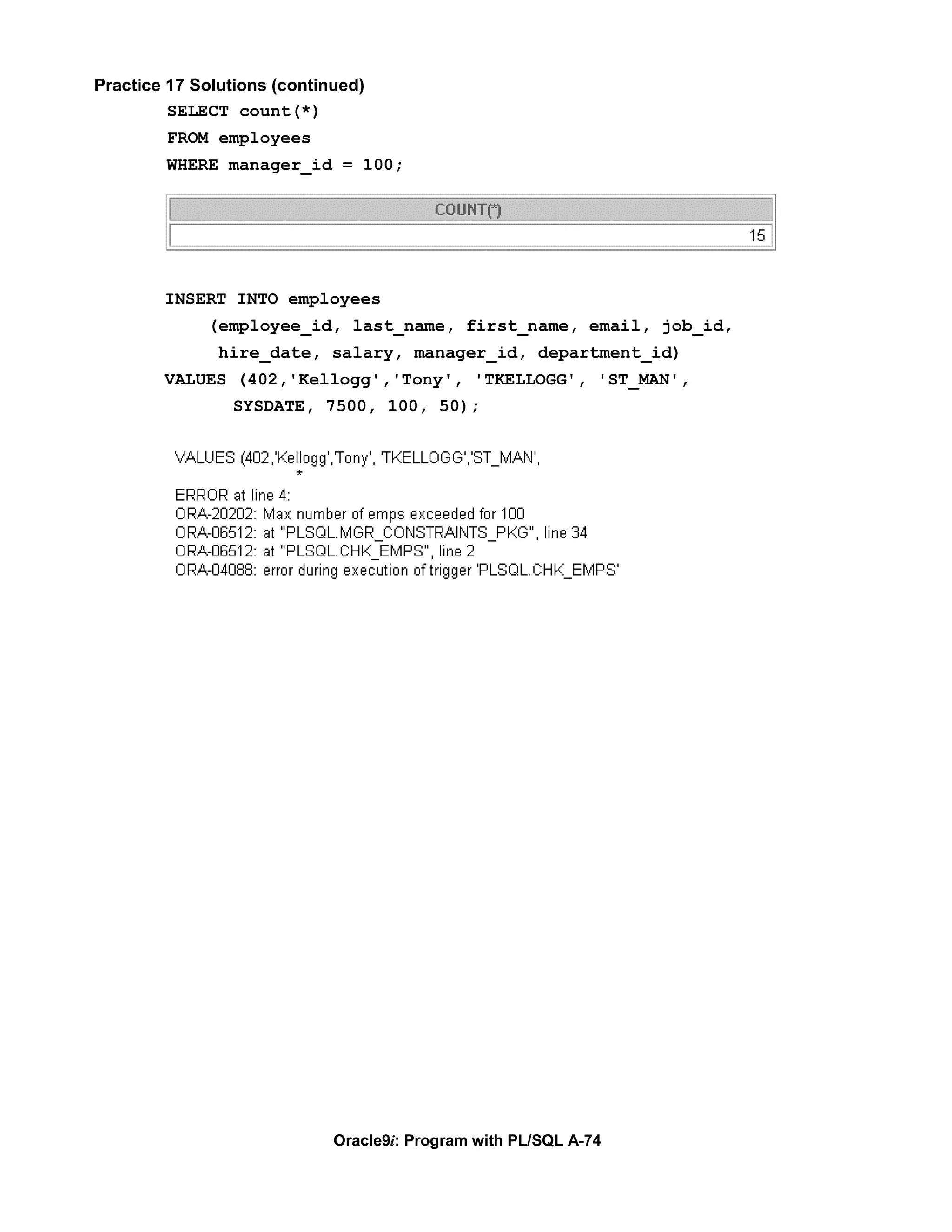 Practice 17 Solutions (continued)
         SELECT count(*)
        FROM employees
        WHERE manager_id = 100;




        INSERT INTO employees
             (employee_id, last_name, first_name, email, job_id,
               hire_date, salary, manager_id, department_id)
        VALUES (402,'Kellogg','Tony', 'TKELLOGG', 'ST_MAN',
                SYSDATE, 7500, 100, 50);




                             Oracle9i: Program with PL/SQL A-74
 