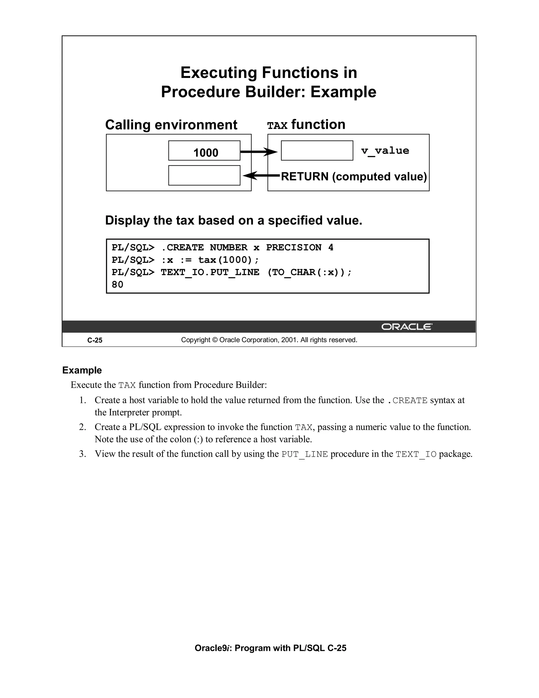 Executing Functions in
                        Procedure Builder: Example
             Calling environment                         TAX     function

                                1000                                                      v_value

                                                             RETURN (computed value)


             Display the tax based on a specified value.

              PL/SQL> .CREATE NUMBER x PRECISION 4
              PL/SQL> :x := tax(1000);
              PL/SQL> TEXT_IO.PUT_LINE (TO_CHAR(:x));
              80




      C-25                   Copyright © Oracle Corporation, 2001. All rights reserved.



Example
 Execute the TAX function from Procedure Builder:
    1. Create a host variable to hold the value returned from the function. Use the .CREATE syntax at
       the Interpreter prompt.
    2. Create a PL/SQL expression to invoke the function TAX, passing a numeric value to the function.
       Note the use of the colon (:) to reference a host variable.
    3. View the result of the function call by using the PUT_LINE procedure in the TEXT_IO package.




                                 Oracle9i: Program with PL/SQL C-25
 