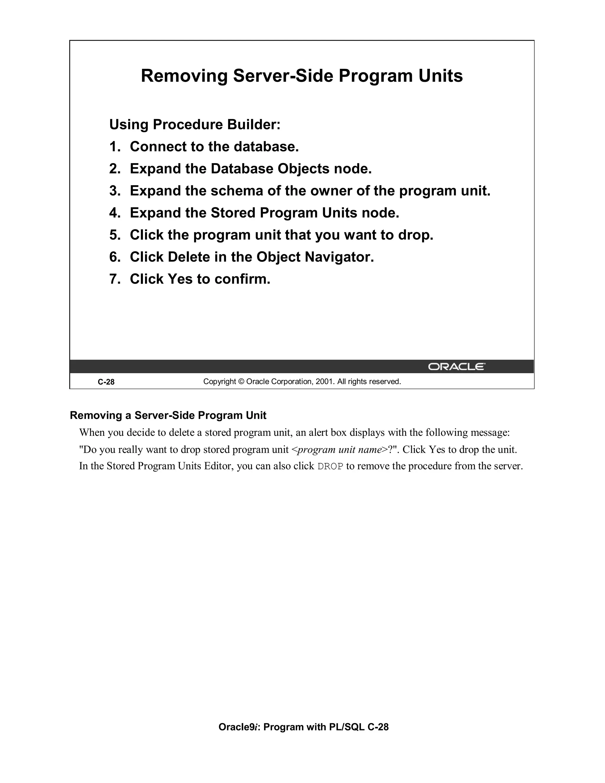 Removing Server-Side Program Units

       Using Procedure Builder:
       1. Connect to the database.
       2. Expand the Database Objects node.
       3. Expand the schema of the owner of the program unit.
       4. Expand the Stored Program Units node.
       5. Click the program unit that you want to drop.
       6. Click Delete in the Object Navigator.
       7. Click Yes to confirm.




     C-28                    Copyright © Oracle Corporation, 2001. All rights reserved.



Removing a Server-Side Program Unit
 When you decide to delete a stored program unit, an alert box displays with the following message:
 "Do you really want to drop stored program unit <program unit name>?". Click Yes to drop the unit.
 In the Stored Program Units Editor, you can also click DROP to remove the procedure from the server.




                                 Oracle9i: Program with PL/SQL C-28
 