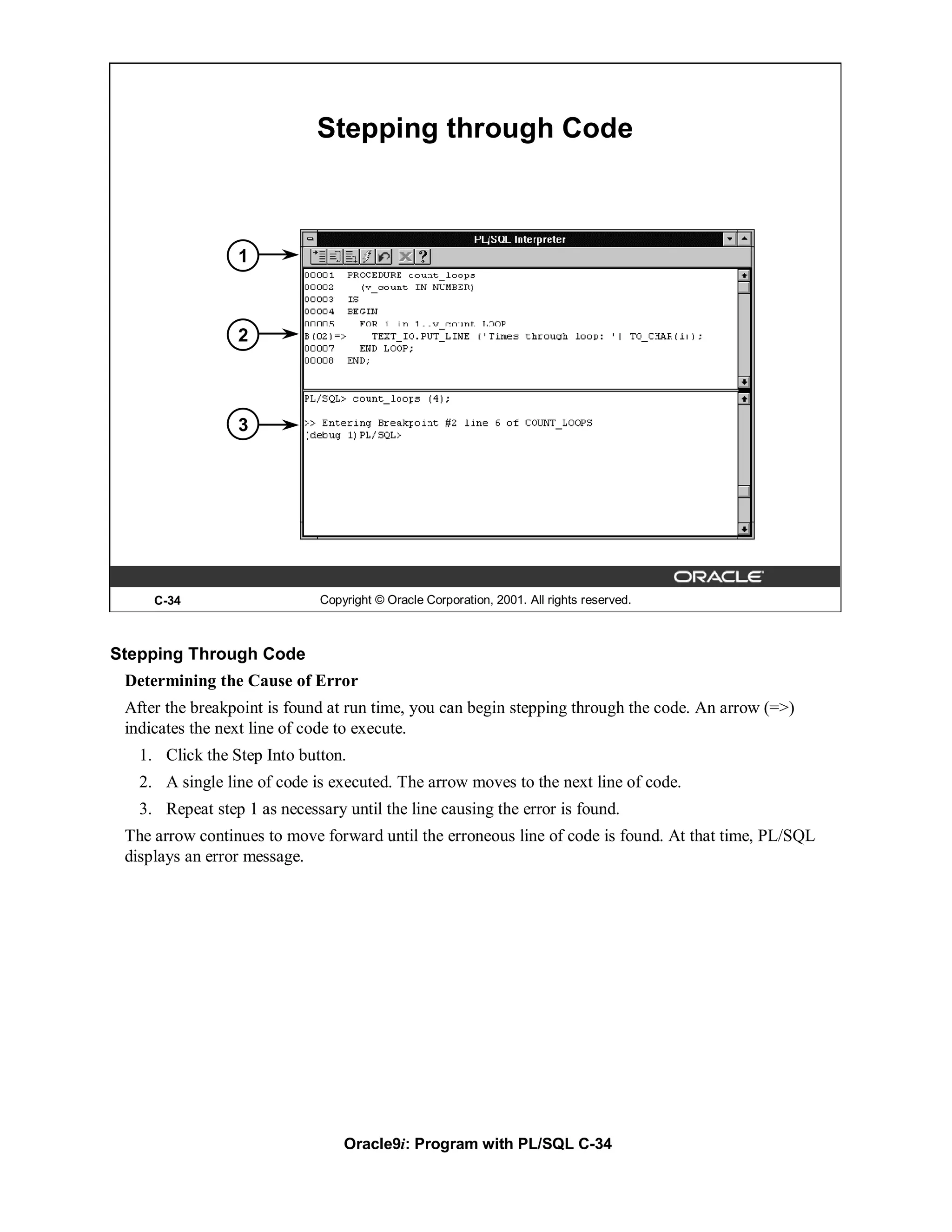 Stepping through Code



                 1



                 2



                 3




     C-34                     Copyright © Oracle Corporation, 2001. All rights reserved.



Stepping Through Code
 Determining the Cause of Error
 After the breakpoint is found at run time, you can begin stepping through the code. An arrow (=>)
 indicates the next line of code to execute.
   1. Click the Step Into button.
   2. A single line of code is executed. The arrow moves to the next line of code.
   3. Repeat step 1 as necessary until the line causing the error is found.
 The arrow continues to move forward until the erroneous line of code is found. At that time, PL/SQL
 displays an error message.




                                  Oracle9i: Program with PL/SQL C-34
 