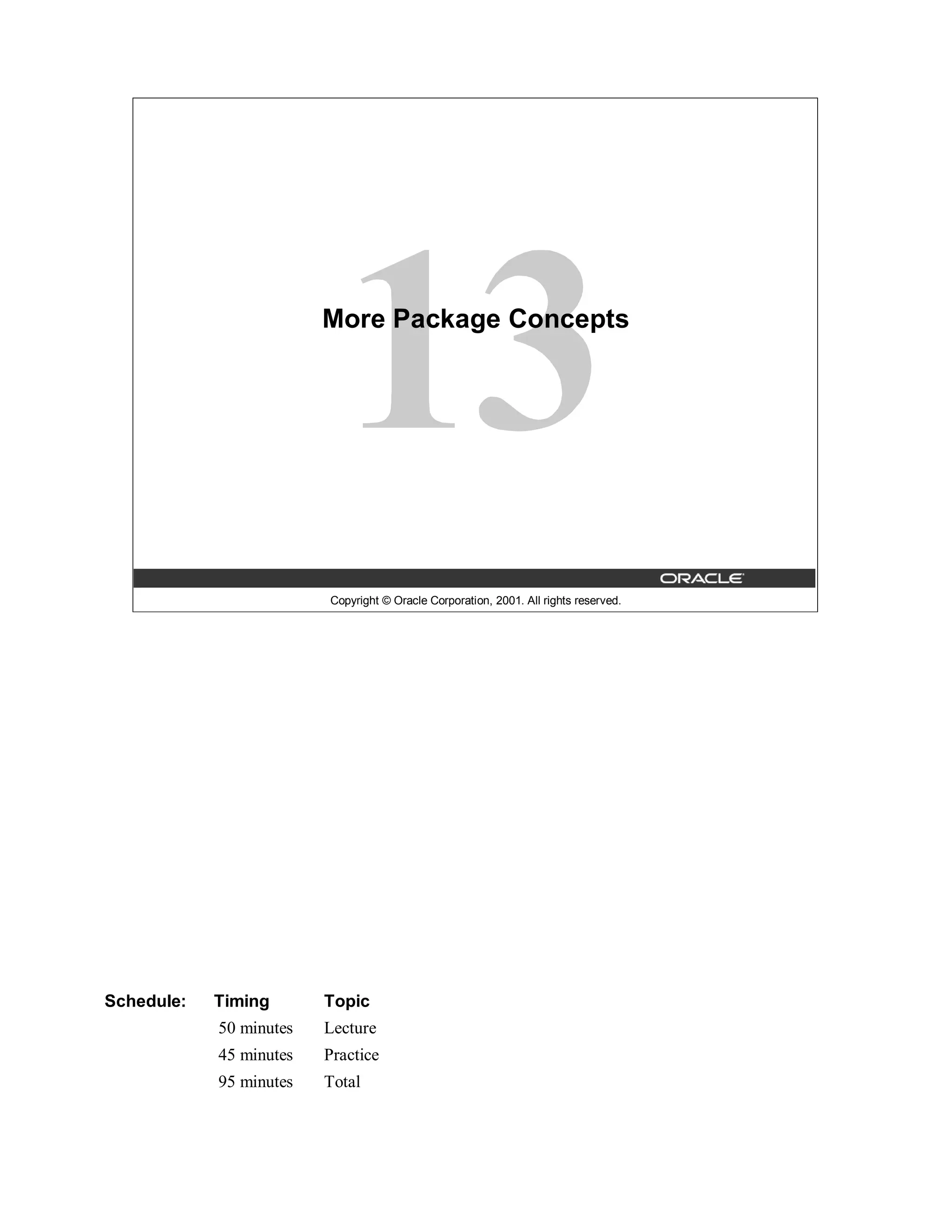 More Package Concepts




                         Copyright © Oracle Corporation, 2001. All rights reserved.




Schedule:   Timing       Topic
            50 minutes   Lecture
            45 minutes   Practice
            95 minutes   Total
 