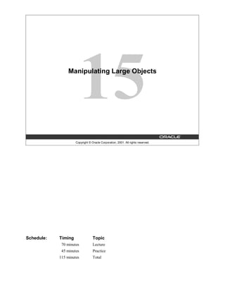 Manipulating Large Objects




                     Copyright © Oracle Corporation, 2001. All rights reserved.




Schedule:   Timing                Topic
             70 minutes           Lecture
             45 minutes           Practice
            115 minutes           Total
 