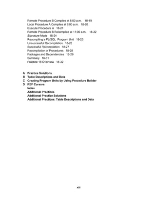 Remote Procedure B Compiles at 8:00 a.m. 18-19
    Local Procedure A Compiles at 9:00 a.m. 18-20
    Execute Procedure A 18-21
    Remote Procedure B Recompiled at 11:00 a.m. 18-22
    Signature Mode 18-24
    Recompiling a PL/SQL Program Unit 18-25
    Unsuccessful Recompilation 18-26
    Successful Recompilation 18-27
    Recompilation of Procedures 18-28
    Packages and Dependencies 18-29
    Summary 18-31
    Practice 18 Overview 18-32


A   Practice Solutions
B   Table Descriptions and Data
C   Creating Program Units by Using Procedure Builder
D   REF Cursors
    Index
    Additional Practices
    Additional Practice Solutions
    Additional Practices: Table Descriptions and Data




                                       xiii
 
