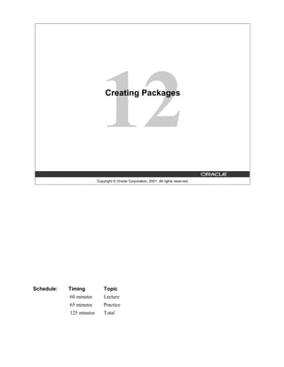Creating Packages




                          Copyright © Oracle Corporation, 2001. All rights reserved.




Schedule:   Timing            Topic
            60 minutes        Lecture
            65 minutes        Practice
            125 minutes       Total
 