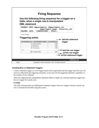 Firing Sequence
             Use the following firing sequence for a trigger on a
             table, when a single row is manipulated:
             DML statement
              INSERT INTO departments (department_id,
                               department_name, location_id)
              VALUES (400, 'CONSULTING', 2400);


         Triggering action
                                                                                 BEFORE statement
                                                                                 trigger



              …                                                                 BEFORE row trigger
                                                                                 AFTER row trigger
                                                                               AFTER statement trigger


     16-11                   Copyright © Oracle Corporation, 2001. All rights reserved.



Creating Row or Statement Triggers
 Create a statement trigger or a row trigger based on the requirement that the trigger must fire once for
 each row affected by the triggering statement, or just once for the triggering statement, regardless of
 the number of rows affected.
 When the triggering data manipulation statement affects a single row, both the statement trigger and
 the row trigger fire exactly once.
 Example
 This SQL statement does not differentiate statement triggers from row triggers, because exactly one
 row is inserted into the table using this syntax.




                              Oracle9i: Program with PL/SQL 16-11
 