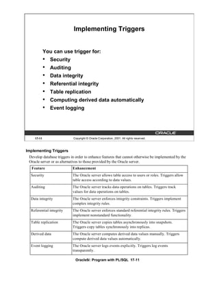 Implementing Triggers


            You can use trigger for:
            •   Security
            •   Auditing
            •   Data integrity
            •   Referential integrity
            •   Table replication
            •   Computing derived data automatically
            •   Event logging




    17-11                   Copyright © Oracle Corporation, 2001. All rights reserved.



Implementing Triggers
 Develop database triggers in order to enhance features that cannot otherwise be implemented by the
 Oracle server or as alternatives to those provided by the Oracle server.
  Feature                   Enhancement
  Security                  The Oracle server allows table access to users or roles. Triggers allow
                            table access according to data values.
  Auditing                  The Oracle server tracks data operations on tables. Triggers track
                            values for data operations on tables.
  Data integrity            The Oracle server enforces integrity constraints. Triggers implement
                            complex integrity rules.
  Referential integrity     The Oracle server enforces standard referential integrity rules. Triggers
                            implement nonstandard functionality.
  Table replication         The Oracle server copies tables asynchronously into snapshots.
                            Triggers copy tables synchronously into replicas.
  Derived data              The Oracle server computes derived data values manually. Triggers
                            compute derived data values automatically.
  Event logging             The Oracle server logs events explicitly. Triggers log events
                            transparently.

                              Oracle9i: Program with PL/SQL 17-11
 