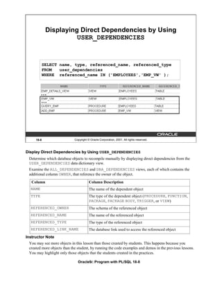 Displaying Direct Dependencies by Using
                      USER_DEPENDENCIES



         SELECT name, type, referenced_name, referenced_type
         FROM   user_dependencies
         WHERE referenced_name IN ('EMPLOYEES','EMP_VW' );



         …
         …




     18-8                    Copyright © Oracle Corporation, 2001. All rights reserved.



Display Direct Dependencies by Using USER_DEPENDENCIES
 Determine which database objects to recompile manually by displaying direct dependencies from the
 USER_DEPENDENCIES data dictionary view.
 Examine the ALL_DEPENDENCIES and DBA_DEPENDENCIES views, each of which contains the
 additional column OWNER, that reference the owner of the object.
   Column                               Column Description
  NAME                                  The name of the dependent object
  TYPE                                  The type of the dependent object (PROCEDURE, FUNCTION,
                                        PACKAGE, PACKAGE BODY, TRIGGER, or VIEW)
  REFERENCED_OWNER                      The schema of the referenced object
  REFERENCED_NAME                       The name of the referenced object
  REFERENCED_TYPE                       The type of the referenced object
  REFERENCED_LINK_NAME                  The database link used to access the referenced object
Instructor Note
 You may see more objects in this lesson than those created by students. This happens because you
 created more objects than the student, by running the code examples and demos in the previous lessons.
 You may highlight only those objects that the students created in the practices.

                               Oracle9i: Program with PL/SQL 18-8
 