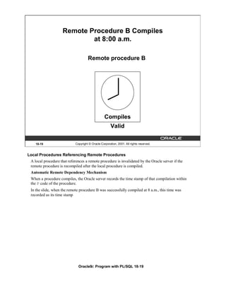 Remote Procedure B Compiles
                            at 8:00 a.m.

                                      Remote procedure B




                                                   Compiles
                                                        Valid

    18-19                    Copyright © Oracle Corporation, 2001. All rights reserved.


Local Procedures Referencing Remote Procedures
 A local procedure that references a remote procedure is invalidated by the Oracle server if the
 remote procedure is recompiled after the local procedure is compiled.
 Automatic Remote Dependency Mechanism
 When a procedure compiles, the Oracle server records the time stamp of that compilation within
 the P code of the procedure.
 In the slide, when the remote procedure B was successfully compiled at 8 a.m., this time was
 recorded as its time stamp




                               Oracle9i: Program with PL/SQL 18-19
 