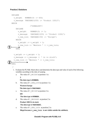 Practice 2 Solutions


    DECLARE
        v_weight      NUMBER(3) := 600;
        v_message     VARCHAR2(255) := 'Product 10012';
    BEGIN
                             /*SUBBLOCK*/
         DECLARE
              v_weight        NUMBER(3) := 1;
              v_message       VARCHAR2(255) := 'Product 11001';
              v_new_locn      VARCHAR2(50) := 'Europe';
         BEGIN
              v_weight := v_weight + 1;
              v_new_locn := 'Western ' || v_new_locn;
1        END;


        v_weight := v_weight + 1;
        v_message := v_message || ' is in stock';
        v_new_locn := 'Western ' || v_new_locn;
2   END;
    /
     1. Evaluate the PL/SQL block above and determine the data type and value of each of the following
        variables according to the rules of scoping.
         a.     The value of V_WEIGHT at position 1 is:
                2
               The data type is NUMBER.
         b.     The value of V_NEW_LOCN at position 1 is:
               Western Europe
               The data type is VARCHAR2.
         c.     The value of V_WEIGHT at position 2 is:
                601
                The data type is NUMBER.
         d.     The value of V_MESSAGE at position 2 is:
                Product 10012 is in stock
                The data type is VARCHAR2.
         e.     The value of V_NEW_LOCN at position 2 is:
                Illegal because v_new_locn is not visible outside the subblock.


                                   Oracle9i: Program with PL/SQL A-5
 