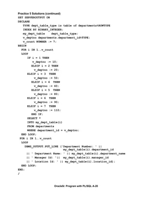Practice 5 Solutions (continued)
SET SERVEROUTPUT ON
DECLARE
    TYPE dept_table_type is table of departments%ROWTYPE
    INDEX BY BINARY_INTEGER;
    my_dept_table        dept_table_type;
    v_deptno departments.department_id%TYPE;
    v_count NUMBER := 7;
BEGIN
   FOR i IN 1..v_count
   LOOP
       IF i = 1 THEN
           v_deptno := 10;
          ELSIF i = 2 THEN
            v_deptno := 20;
       ELSIF i = 3 THEN
            v_deptno := 50;
          ELSIF i = 4 THEN
            v_deptno := 60;
          ELSIF i = 5 THEN
            v_deptno := 80;
       ELSIF i = 6 THEN
            v_deptno := 90;
       ELSIF i = 7 THEN
            v_deptno := 110;
          END IF;
       SELECT *
       INTO my_dept_table(i)
       FROM departments
       WHERE department_id = v_deptno;
   END LOOP;
  FOR i IN 1..v_count
   LOOP
     DBMS_OUTPUT.PUT_LINE ('Department Number: ' ||
                                 my_dept_table(i).department_id
      || ' Department Name: ' || my_dept_table(i).department_name
      || ' Manager Id: '|| my_dept_table(i).manager_id
      || ' Location Id: ' || my_dept_table(i).location_id);
   END LOOP;
END;
/



                      Oracle9i: Program with PL/SQL A-20
 