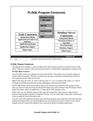PL/SQL Program Constructs
                                             <header> IS|AS
                                              or DECLARE




                                               BEGIN

                                               EXCEPTION
                                                                               Database Server
           Tools Constructs                                                      Constructs
             Anonymous blocks                  END;
                                                                                  Anonymous blocks
           Application procedures or
                                                                                 Stored procedures or
                  functions
                                                                                       functions
            Application packages
                                                                                   Stored packages
             Application triggers
                                                                                    Database triggers
                 Object types
                                                                                       Object types



     C-3                      Copyright © Oracle Corporation, 2001. All rights reserved.



PL/SQL Program Constructs
 The diagram above displays a variety of different PL/SQL program constructs using the basic PL/SQL
 block. In general, a block is either an anonymous block or a named block (subprogram or program unit).
 PL/SQL Block Structure
 Every PL/SQL construct is composed of one or more blocks. These blocks can be entirely separate or
 nested within one another. Therefore, one block can represent a small part of another block, which in
 turn can be part of the whole unit of code.
 Note: In the slide, the word “or” prior to the keyword DECLARE is not part of the syntax. It is used in
 the diagram to differentiate between starting subprograms and anonymous blocks.
 The PL/SQL blocks can be constructed on and use the Oracle server (stored PL/SQL program units).
 They can also be constructed using the Oracle Developer tools such as Oracle Forms Developer, Oracle
 Report Developer, and so on (application or client-side PL/SQL program units).
 Object types are user-defined composite data types that encapsulate a data structure along with the
 functions and procedures needed to manipulate the data. You can create object types either on the Oracle
 server or using the Oracle Developer tools.
 You can create both application program units and stored program units using Oracle Procedure Builder.
 Application program units are used in graphical user environment tools such as Oracle Forms. Stored
 program units are stored on the database server and can be shared by multiple applications.




                                   Oracle9i: Program with PL/SQL C-3
 