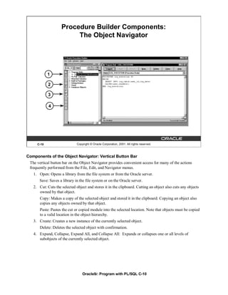 Procedure Builder Components:
                         The Object Navigator




            1

            2

            3

            4




     C-10                     Copyright © Oracle Corporation, 2001. All rights reserved.



Components of the Object Navigator: Vertical Button Bar
 The vertical button bar on the Object Navigator provides convenient access for many of the actions
 frequently performed from the File, Edit, and Navigator menus.
   1. Open: Opens a library from the file system or from the Oracle server.
      Save: Saves a library in the file system or on the Oracle server.
   2. Cut: Cuts the selected object and stores it in the clipboard. Cutting an object also cuts any objects
      owned by that object.
       Copy: Makes a copy of the selected object and stored it in the clipboard. Copying an object also
       copies any objects owned by that object.
       Paste: Pastes the cut or copied module into the selected location. Note that objects must be copied
       to a valid location in the object hierarchy.
   3. Create: Creates a new instance of the currently selected object.
       Delete: Deletes the selected object with confirmation.
   4. Expand, Collapse, Expand All, and Collapse All: Expands or collapses one or all levels of
      subobjects of the currently selected object.




                                  Oracle9i: Program with PL/SQL C-10
 