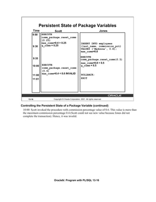 Persistent State of Package Variables
          Time               Scott                                                 Jones
          9:00    EXECUTE
                  comm_package.reset_comm
                  (0.25)
                  max_comm=0.4 > 0.25                       INSERT INTO employees
          9:30    g_comm = 0.25                             (last_name, commission_pct)
                                                            VALUES ('Madonna', 0.8);
                                                            max_comm=0.8

                                                            EXECUTE
          9:35                                              comm_package.reset_comm(0.5)
                                                            max_comm=0.8 > 0.5
          10:00   EXECUTE                                   g_comm = 0.5
                  comm_package.reset_comm
                  (0.6)
                  max_comm=0.4 < 0.6 INVALID                 ROLLBACK;
          11:00
          11:01                                              EXIT




      13-16                 Copyright © Oracle Corporation, 2001. All rights reserved.


Controlling the Persistent State of a Package Variable (continued)
 10:00: Scott invoked the procedure with commission percentage value of 0.6. This value is more than
 the maximum commission percentage 0.4 (Scott could not see new value because Jones did not
 complete the transaction). Hence, it was invalid.




                            Oracle9i: Program with PL/SQL 13-16
 