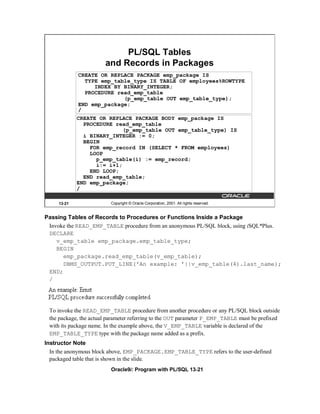 PL/SQL Tables
                       and Records in Packages
             CREATE OR REPLACE PACKAGE emp_package IS
               TYPE emp_table_type IS TABLE OF employees%ROWTYPE
                  INDEX BY BINARY_INTEGER;
               PROCEDURE read_emp_table
                           (p_emp_table OUT emp_table_type);
             END emp_package;
             /
             CREATE OR REPLACE PACKAGE BODY emp_package IS
               PROCEDURE read_emp_table
                            (p_emp_table OUT emp_table_type) IS
               i BINARY_INTEGER := 0;
               BEGIN
                 FOR emp_record IN (SELECT * FROM employees)
                 LOOP
                   p_emp_table(i) := emp_record;
                   i:= i+1;
                 END LOOP;
               END read_emp_table;
             END emp_package;
             /

     13-21               Copyright © Oracle Corporation, 2001. All rights reserved.


Passing Tables of Records to Procedures or Functions Inside a Package
 Invoke the READ_EMP_TABLE procedure from an anonymous PL/SQL block, using iSQL*Plus.
 DECLARE
    v_emp_table emp_package.emp_table_type;
    BEGIN
      emp_package.read_emp_table(v_emp_table);
      DBMS_OUTPUT.PUT_LINE('An example: '||v_emp_table(4).last_name);
 END;
 /




 To invoke the READ_EMP_TABLE procedure from another procedure or any PL/SQL block outside
 the package, the actual parameter referring to the OUT parameter P_EMP_TABLE must be prefixed
 with its package name. In the example above, the V_EMP_TABLE variable is declared of the
 EMP_TABLE_TYPE type with the package name added as a prefix.
Instructor Note
  In the anonymous block above, EMP_PACKAGE.EMP_TABLE_TYPE refers to the user-defined
  packaged table that is shown in the slide.
                         Oracle9i: Program with PL/SQL 13-21
 