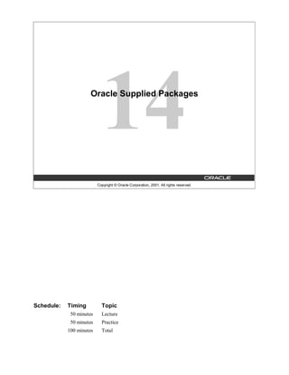 Oracle Supplied Packages




                          Copyright © Oracle Corporation, 2001. All rights reserved.




Schedule:   Timing          Topic
             50 minutes     Lecture
             50 minutes     Practice
            100 minutes     Total
 