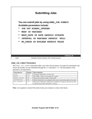Submitting Jobs


             You can submit jobs by using DBMS_JOB.SUBMIT.
             Available parameters include:
             • JOB OUT BINARY_INTEGER
             •   WHAT IN VARCHAR2
             •   NEXT_DATE IN DATE DEFAULT SYSDATE
             •   INTERVAL IN VARCHAR2 DEFAULT 'NULL'
             •   NO_PARSE IN BOOLEAN DEFAULT FALSE




     14-15                    Copyright © Oracle Corporation, 2001. All rights reserved.



DBMS_JOB.SUBMIT Parameters
 The DBMS_JOB.SUBMIT procedure adds a new job to the job queue. It accepts five parameters and
 returns the number of a job submitted through the OUT parameter JOB. The descriptions of the
 parameters are listed below.
  P a ra m e ter       M od e     D e scr ip t io n
  JOB                  OUT        U n iq u e id e n tifier o f th e jo b
  WHAT                 IN         P L /S Q L c o d e to e x e cu te a s a jo b
  NEXT_DATE            IN         N ex t ex e cu tio n d a te o f th e jo b
  INTERVAL             IN         D ate fu n c tio n to c o m p u te th e n ex t e x e cu tio n d a te o f a jo b
  NO_PARSE             IN         B o o le an fla g th a t in d ic ates w h eth e r to p a rse th e jo b at jo b
                                  su b m issio n (th e d e fa u lt is fa lse )

 Note: An exception is raised if the interval does not evaluate to a time in the future.




                                Oracle9i: Program with PL/SQL 14-15
 