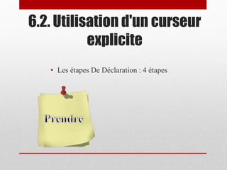 6.2. Utilisation d'un curseur
explicite
• Les étapes De Déclaration : 4 étapes
 