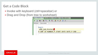 Copyright © 2014 Oracle and/or its affiliates. All rights reserved. |
Get a Code Block
 Invoke with keyboard (ctrl+spacebar) or
 Drag and Drop (from tree to worksheet)
 