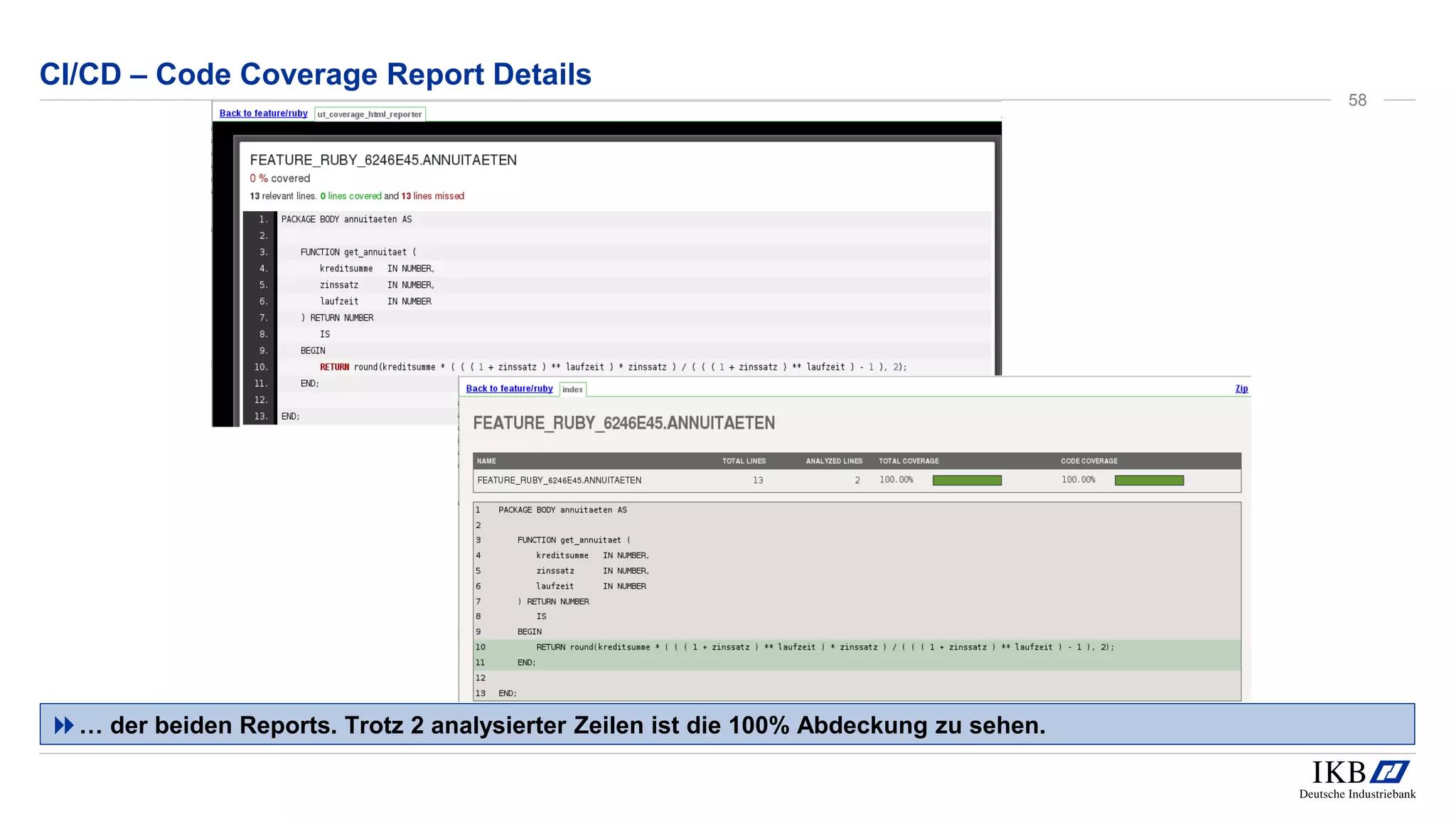 CI/CD – Code Coverage Report Details
… der beiden Reports. Trotz 2 analysierter Zeilen ist die 100% Abdeckung zu sehen.
58
 