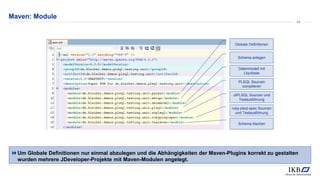 Maven: Module
Um Globale Definitionen nur einmal abzulegen und die Abhängigkeiten der Maven-Plugins korrekt zu gestalten
wurden mehrere JDeveloper-Projekte mit Maven-Modulen angelegt.
48
Globale Definitionen
Schema anlegen
Datenmodell mit
Liquibase
PLSQL Sourcen
compilieren
utPLSQL Sourcen und
Testausführung
ruby-plsql-spec Sourcen
und Testausführung
Schema löschen
 