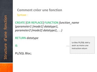 Structured’unefonction
Comment créer une fonction
Syntaxe :
CREATE [OR REPLACE] FUNCTION function_name
(parameter1 [mode1] datatype1,
parameter2 [mode2] datatype2,. . .)
RETURN datatype
IS
PL/SQL Bloc;
Le bloc PL/SQL doit y
avoir au moins une
instruction return
 