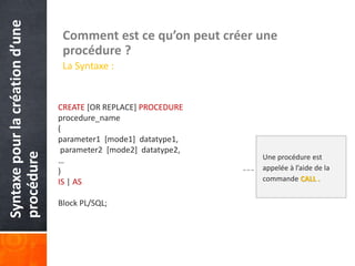 Syntaxepourlacréationd’une
procédure Comment est ce qu’on peut créer une
procédure ?
La Syntaxe :
Une procédure est
appelée à l’aide de la
commande CALL .
CREATE [OR REPLACE] PROCEDURE
procedure_name
(
parameter1 [mode1] datatype1,
parameter2 [mode2] datatype2,
…
)
IS | AS
Block PL/SQL;
 