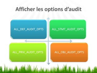 Afficher les options d’audit
ALL_DEF_AUDIT_OPTS ALL_STMT_AUDIT_OPTS
ALL_PRIV_AUDIT_OPTS ALL_OBJ_AUDIT_OPTS
 