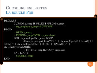 CURSEURS EXPLICITES
LA BOUCLE FOR
25
DECLARE
CURSOR c_emp IS SELECT *FROM e_emp;
-- rty_employe c_emp%ROWTYPE;
BEGIN
-- OPEN c_emp;
-- FETCH c_emp INTO rty_employe;
FOR rty_employe IN c_emp LOOP
dbms_output.put_line('NO: ' || rty_employe.NO || chr(9) ||
'NOM: ' || rty_employe.NOM || chr(9) || ' SALAIRE:' ||
rty_employe.SALAIRE);
-- FETCH c_emp INTO rty_employe;
END LOOP;
-- CLOSE c_emp;
END;
 