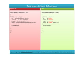 Type Usage in Spec Definetions
DO NOT USE                                                                 USE


CREATE OR REPLACE PACKAGE check_bilgi                                      CREATE OR REPLACE PACKAGE check_bilgi
IS                                                                         IS
...                                                                        ...
FUNCTION checkirtibatbilgi (                                               FUNCTION checkirtibatbilgi (
     pcif     IN t_mus_irtibat.client_no%TYPE,                                  pcif      IN NUMBER,
     pirtbilgi IN t_mus_irtibat.irtbilgi%TYPE,                                  pirtbilgi IN VARCHAR2,
     pbilgitip IN t_mus_irtibat.bilgitip%TYPE,                                  pbilgitip IN VARCHAR2,
     pserino IN t_mus_irtibat.musserino%TYPE DEFAULT NULL                       pserino IN NUMBER DEFAULT NULL
   )                                                                          )
     RETURN BOOLEAN;                                                            RETURN BOOLEAN;

....                                                                       ....

END;                                                                       END;
/                                                                          /




 If you are using packages in distributed environment ; do not use Type in Packege Spec definition. By this way, you can reduce database dependencies .
 