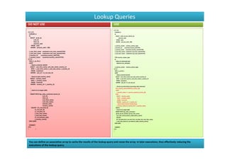 Lookup Queries
DO NOT USE                                                                    USE
                                                                              DECLARE
DECLARE                                                                        CURSOR c1
 CURSOR c1                                                                     IS
 IS                                                                              SELECT prod_id,cust_id,time_id,
   SELECT prod_id,                                                                   amount_sold
       cust_id,                                                                   FROM sales
       time_id,                                                                   WHERE amount_sold > 100;
       amount_sold
    FROM sales                                                                 l_country_names country_names_type;
    WHERE amount_sold > 100;                                                   l_Country_id    countries.country_id%TYPE;
                                                                               l_country_name countries.country_name%TYPE;
 l_cust_first_name customers.cust_first_name%TYPE;                             l_cust_first_name customers.cust_first_name%TYPE;
 l_cust_last_name customers.cust_last_name%TYPE;                               l_cust_lasT_name customers.cust_last_name%TYPE;
 l_Country_id     countries.country_id%TYPE;
 l_country_name countries.country_name%TYPE;                                   TYPE country_names_type
BEGIN                                                                          IS
 FOR c1_rec IN c1                                                                TABLE OF VARCHAR2 (40)
 LOOP                                                                             INDEX BY PLS_INTEGER;
   -- Query customer details
   SELECT cust_first_name, cust_last_name, country_id                          l_country_names country_names_type;
     INTO l_cust_first_name, l_cust_last_name, l_country_id                   BEGIN
     FROM customers                                                            FOR c1_rec IN c1
    WHERE cust_id = c1_rec.cust_id;                                            LOOP
                                                                                 -- Query customer details
   -- Query to get country_name                                                  SELECT cust_first_name, cust_last_name, country_id
   SELECT country_name                                                            INTO l_cust_first_name, l_cust_last_name, l_country_id
     INTO l_country_name                                                          FROM customers
     FROM countries                                                               WHERE cust_id = c1_rec.cust_id;
    WHERE country_id = l_country_id;
                                                                                -- Check array first before executing a SQL statement
  --                                                                            IF (l_country_names.EXISTS (l_country_id))
  -- Insert in to target table                                                  THEN
  --                                                                               l_country_name := l_country_names (l_country_id);
  INSERT INTO top_sales_customers (prod_id,                                     ELSE
                      cust_id,                                                     SELECT country_name
                      time_id,                                                      INTO l_country_name
                      cust_first_name,                                              FROM countries
                      cust_last_name,                                               WHERE country_id = l_country_id;
                      amount_sold,                                                 -- Store in the array for further reuse
                      country_name)                                                l_country_names (l_country_id) := l_country_name;
    VALUES (c1_rec.prod_id,                                                     END IF;
          c1_rec.cust_id,                                                       -- Insert in to target table
          c1_rec.time_id,                                                       INSERT INTO top_sales_customers
          l_cust_first_name,                                                     (prod_id,cust_id,time_id,cust_first_name,
          l_cust_last_name,                                                       cust_last_name,amount_sold,country_name)
          c1_rec.amount_sold,                                                     VALUES
          l_country_name);                                                        (c1_rec.prod_id,c1_rec.cust_id,c1_rec.time_id,l_cust_first_name,
 END LOOP;                                                                        l_cust_last_name,c1_rec.amount_sold,l_country_name);
                                                                               END LOOP;
  COMMIT;
END;                                                                            COMMIT;
•       /                                                                     END;
                                                                              /




 You can define an associative array to cache the results of the lookup query and reuse the array in later executions, thus effectively reducing the
 executions of the lookup query.
 