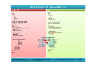 Result Cache for Lookup Queries
DO NOT USE                                                                   USE
                                                                             DECLARE
DECLARE                                                                       CURSOR c1
 CURSOR c1                                                                    IS
 IS                                                                             SELECT prod_id,
   SELECT prod_id,                                                                  cust_id,
       cust_id,                                                                     time_id,
       time_id,                                                                     amount_sold
       amount_sold                                                               FROM sales
    FROM sales                                                                   WHERE amount_sold > 100;
    WHERE amount_sold > 100;
                                                                              l_cust_first_name customers.cust_first_name%TYPE;
 l_cust_first_name customers.cust_first_name%TYPE;                            l_cust_last_name customers.cust_last_name%TYPE;
 l_cust_last_name customers.cust_last_name%TYPE;                              l_Country_id     countries.country_id%TYPE;
 l_Country_id     countries.country_id%TYPE;                                  l_country_name countries.country_name%TYPE;
 l_country_name countries.country_name%TYPE;                                 BEGIN
BEGIN                                                                         FOR c1_rec IN c1
 FOR c1_rec IN c1                                                             LOOP
 LOOP                                                                           -- Query customer details
   -- Query customer details                                                    SELECT cust_first_name, cust_last_name, country_id
   SELECT cust_first_name, cust_last_name, country_id                            INTO l_cust_first_name, l_cust_last_name, l_country_id
     INTO l_cust_first_name, l_cust_last_name, l_country_id                      FROM customers
     FROM customers                                                              WHERE cust_id = c1_rec.cust_id;
    WHERE cust_id = c1_rec.cust_id;
                                                                                -- Query to get country_name
   -- Query to get country_name
   SELECT country_name
                                                                                SELECT   /*+ RESULT_CACHE */           country_name
                                                                                INTO l_country_name
     INTO l_country_name
                                                                                FROM countries
     FROM countries
                                                                                WHERE country_id = l_country_id;
    WHERE country_id = l_country_id;
                                                                               --
  --
                                                                               -- Insert in to target table
  -- Insert in to target table
                                                                               --
  --
                                                                               INSERT INTO top_sales_customers (prod_id,
  INSERT INTO top_sales_customers (prod_id,
                                                                                                   cust_id,
                      cust_id,
                                                                                                   time_id,
                      time_id,
                                                                                                   cust_first_name,
                      cust_first_name,
                                                                                                   cust_last_name,
                      cust_last_name,
                                                                                                   amount_sold,
                      amount_sold,
                                                                                                   country_name)
                      country_name)
                                                                                VALUES (c1_rec.prod_id,
    VALUES (c1_rec.prod_id,
                                                                                      c1_rec.cust_id,
          c1_rec.cust_id,
                                                                                      c1_rec.time_id,
          c1_rec.time_id,
                                                                                      l_cust_first_name,
          l_cust_first_name,
                                                                                      l_cust_last_name,
          l_cust_last_name,
                                                                                      c1_rec.amount_sold,
          c1_rec.amount_sold,
                                                                                      l_country_name);
          l_country_name);
                                                                              END LOOP;
 END LOOP;
                                                                               COMMIT;
  COMMIT;
                                                                             END;
END;
                                                                             /
/




 The result cache is new to Oracle 11g and provides enhanced query performance for SQL and PL/SQL applications by caching the results of SQL queries
 into memory . A result cache shareable and is stored in SGA memory.
 