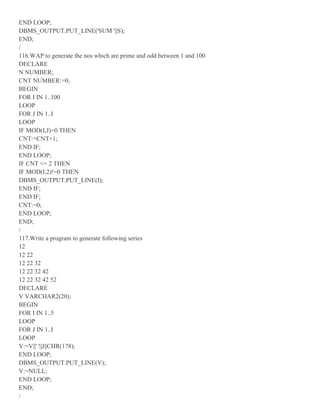END LOOP;
DBMS_OUTPUT.PUT_LINE('SUM '||S);
END;
/
116.WAP to generate the nos which are prime and odd between 1 and 100
DECLARE
N NUMBER;
CNT NUMBER:=0;
BEGIN
FOR I IN 1..100
LOOP
FOR J IN 1..I
LOOP
IF MOD(I,J)=0 THEN
CNT:=CNT+1;
END IF;
END LOOP;
IF CNT <= 2 THEN
IF MOD(I,2)!=0 THEN
DBMS_OUTPUT.PUT_LINE(I);
END IF;
END IF;
CNT:=0;
END LOOP;
END;
/
117.Write a program to generate following series
12
12 22
12 22 32
12 22 32 42
12 22 32 42 52
DECLARE
V VARCHAR2(20);
BEGIN
FOR I IN 1..5
LOOP
FOR J IN 1..I
LOOP
V:=V||' '||J||CHR(178);
END LOOP;
DBMS_OUTPUT.PUT_LINE(V);
V:=NULL;
END LOOP;
END;
/
 