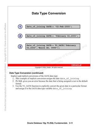 Oracle Database 10g: PL/SQL Fundamentals 3-11
Copyright © 2006, Oracle. All rights reserved.
Data Type Conversion
date_of_joining DATE:= '02-Feb-2000';
date_of_joining DATE:= 'February 02,2000';
date_of_joining DATE:= TO_DATE('February
02,2000','Month DD, YYYY');
1
2
3
Data Type Conversion (continued)
Implicit and explicit conversions of the DATE data type:
1. This example of implicit conversion assigns the date date_of_joining.
2. PL/SQL gives you an error because the date that is being assigned is not in the default
format.
3. Use the TO_DATE function to explicitly convert the given date in a particular format
and assign it to the DATE data type variable date_of_joining.
Oracle University and Gandhi Institute of Engineering and
Technology use onlyฺ
UnauthorizedreproductionordistributionprohibitedฺCopyright2012,Oracleand/oritsaffiliatesฺ
 