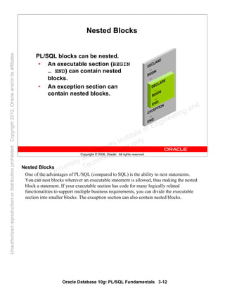 Oracle Database 10g: PL/SQL Fundamentals 3-12
Copyright © 2006, Oracle. All rights reserved.
Nested Blocks
PL/SQL blocks can be nested.
• An executable section (BEGIN
… END) can contain nested
blocks.
• An exception section can
contain nested blocks.
Nested Blocks
One of the advantages of PL/SQL (compared to SQL) is the ability to nest statements.
You can nest blocks wherever an executable statement is allowed, thus making the nested
block a statement. If your executable section has code for many logically related
functionalities to support multiple business requirements, you can divide the executable
section into smaller blocks. The exception section can also contain nested blocks.
Oracle University and Gandhi Institute of Engineering and
Technology use onlyฺ
UnauthorizedreproductionordistributionprohibitedฺCopyright2012,Oracleand/oritsaffiliatesฺ
 