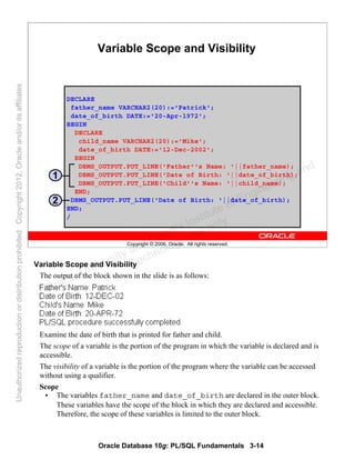 Oracle Database 10g: PL/SQL Fundamentals 3-14
Copyright © 2006, Oracle. All rights reserved.
Variable Scope and Visibility
DECLARE
father_name VARCHAR2(20):='Patrick';
date_of_birth DATE:='20-Apr-1972';
BEGIN
DECLARE
child_name VARCHAR2(20):='Mike';
date_of_birth DATE:='12-Dec-2002';
BEGIN
DBMS_OUTPUT.PUT_LINE('Father''s Name: '||father_name);
DBMS_OUTPUT.PUT_LINE('Date of Birth: '||date_of_birth);
DBMS_OUTPUT.PUT_LINE('Child''s Name: '||child_name);
END;
DBMS_OUTPUT.PUT_LINE('Date of Birth: '||date_of_birth);
END;
/
1
2
Variable Scope and Visibility
The output of the block shown in the slide is as follows:
Examine the date of birth that is printed for father and child.
The scope of a variable is the portion of the program in which the variable is declared and is
accessible.
The visibility of a variable is the portion of the program where the variable can be accessed
without using a qualifier.
Scope
• The variables father_name and date_of_birth are declared in the outer block.
These variables have the scope of the block in which they are declared and accessible.
Therefore, the scope of these variables is limited to the outer block.
Oracle University and Gandhi Institute of Engineering and
Technology use onlyฺ
UnauthorizedreproductionordistributionprohibitedฺCopyright2012,Oracleand/oritsaffiliatesฺ
 