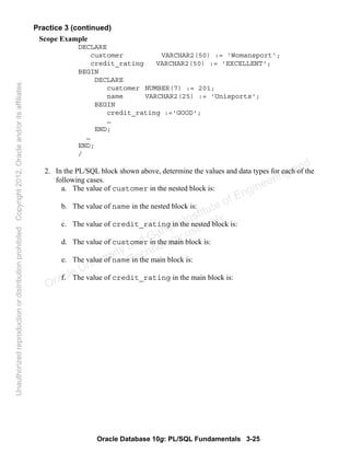 Oracle Database 10g: PL/SQL Fundamentals 3-25
Practice 3 (continued)
Scope Example
DECLARE
customer VARCHAR2(50) := 'Womansport';
credit_rating VARCHAR2(50) := 'EXCELLENT';
BEGIN
DECLARE
customer NUMBER(7) := 201;
name VARCHAR2(25) := 'Unisports';
BEGIN
credit_rating :='GOOD';
…
END;
…
END;
/
2. In the PL/SQL block shown above, determine the values and data types for each of the
following cases.
a. The value of customer in the nested block is:
b. The value of name in the nested block is:
c. The value of credit_rating in the nested block is:
d. The value of customer in the main block is:
e. The value of name in the main block is:
f. The value of credit_rating in the main block is:
Oracle University and Gandhi Institute of Engineering and
Technology use onlyฺ
UnauthorizedreproductionordistributionprohibitedฺCopyright2012,Oracleand/oritsaffiliatesฺ
 