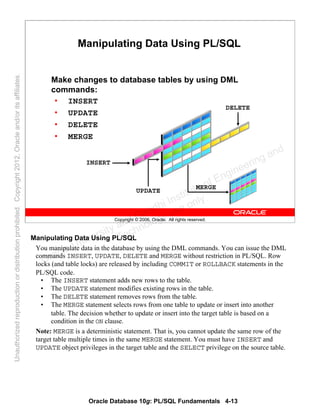 Oracle Database 10g: PL/SQL Fundamentals 4-13
Copyright © 2006, Oracle. All rights reserved.
Manipulating Data Using PL/SQL
Make changes to database tables by using DML
commands:
• INSERT
• UPDATE
• DELETE
• MERGE
INSERT
UPDATE
DELETE
MERGE
Manipulating Data Using PL/SQL
You manipulate data in the database by using the DML commands. You can issue the DML
commands INSERT, UPDATE, DELETE and MERGE without restriction in PL/SQL. Row
locks (and table locks) are released by including COMMIT or ROLLBACK statements in the
PL/SQL code.
• The INSERT statement adds new rows to the table.
• The UPDATE statement modifies existing rows in the table.
• The DELETE statement removes rows from the table.
• The MERGE statement selects rows from one table to update or insert into another
table. The decision whether to update or insert into the target table is based on a
condition in the ON clause.
Note: MERGE is a deterministic statement. That is, you cannot update the same row of the
target table multiple times in the same MERGE statement. You must have INSERT and
UPDATE object privileges in the target table and the SELECT privilege on the source table.
Oracle University and Gandhi Institute of Engineering and
Technology use onlyฺ
UnauthorizedreproductionordistributionprohibitedฺCopyright2012,Oracleand/oritsaffiliatesฺ
 