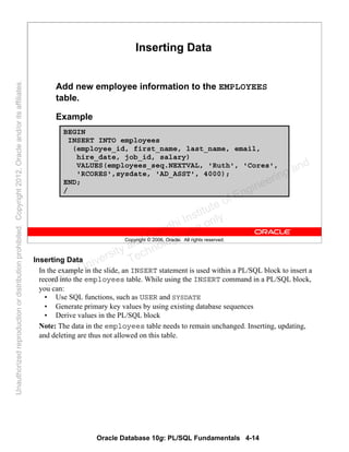 Oracle Database 10g: PL/SQL Fundamentals 4-14
Copyright © 2006, Oracle. All rights reserved.
Inserting Data
Add new employee information to the EMPLOYEES
table.
Example
BEGIN
INSERT INTO employees
(employee_id, first_name, last_name, email,
hire_date, job_id, salary)
VALUES(employees_seq.NEXTVAL, 'Ruth', 'Cores',
'RCORES',sysdate, 'AD_ASST', 4000);
END;
/
Inserting Data
In the example in the slide, an INSERT statement is used within a PL/SQL block to insert a
record into the employees table. While using the INSERT command in a PL/SQL block,
you can:
• Use SQL functions, such as USER and SYSDATE
• Generate primary key values by using existing database sequences
• Derive values in the PL/SQL block
Note: The data in the employees table needs to remain unchanged. Inserting, updating,
and deleting are thus not allowed on this table.
Oracle University and Gandhi Institute of Engineering and
Technology use onlyฺ
UnauthorizedreproductionordistributionprohibitedฺCopyright2012,Oracleand/oritsaffiliatesฺ
 