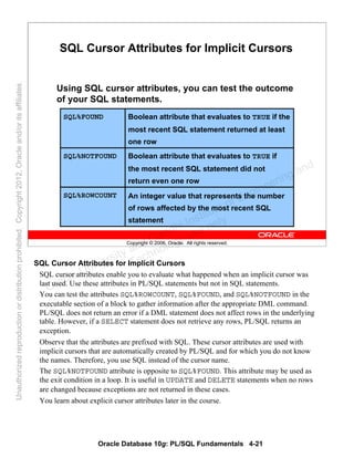 Oracle Database 10g: PL/SQL Fundamentals 4-21
Copyright © 2006, Oracle. All rights reserved.
SQL Cursor Attributes for Implicit Cursors
Using SQL cursor attributes, you can test the outcome
of your SQL statements.
Boolean attribute that evaluates to TRUE if
the most recent SQL statement did not
return even one row
SQL%NOTFOUND
Boolean attribute that evaluates to TRUE if the
most recent SQL statement returned at least
one row
SQL%FOUND
An integer value that represents the number
of rows affected by the most recent SQL
statement
SQL%ROWCOUNT
SQL Cursor Attributes for Implicit Cursors
SQL cursor attributes enable you to evaluate what happened when an implicit cursor was
last used. Use these attributes in PL/SQL statements but not in SQL statements.
You can test the attributes SQL%ROWCOUNT, SQL%FOUND, and SQL%NOTFOUND in the
executable section of a block to gather information after the appropriate DML command.
PL/SQL does not return an error if a DML statement does not affect rows in the underlying
table. However, if a SELECT statement does not retrieve any rows, PL/SQL returns an
exception.
Observe that the attributes are prefixed with SQL. These cursor attributes are used with
implicit cursors that are automatically created by PL/SQL and for which you do not know
the names. Therefore, you use SQL instead of the cursor name.
The SQL%NOTFOUND attribute is opposite to SQL%FOUND. This attribute may be used as
the exit condition in a loop. It is useful in UPDATE and DELETE statements when no rows
are changed because exceptions are not returned in these cases.
You learn about explicit cursor attributes later in the course.
Oracle University and Gandhi Institute of Engineering and
Technology use onlyฺ
UnauthorizedreproductionordistributionprohibitedฺCopyright2012,Oracleand/oritsaffiliatesฺ
 