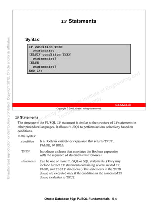 Oracle Database 10g: PL/SQL Fundamentals 5-4
Copyright © 2006, Oracle. All rights reserved.
IF Statements
Syntax:
IF condition THEN
statements;
[ELSIF condition THEN
statements;]
[ELSE
statements;]
END IF;
IF Statements
The structure of the PL/SQL IF statement is similar to the structure of IF statements in
other procedural languages. It allows PL/SQL to perform actions selectively based on
conditions.
In the syntax:
Can be one or more PL/SQL or SQL statements. (They may
include further IF statements containing several nested IF,
ELSE, and ELSIF statements.) The statements in the THEN
clause are executed only if the condition in the associated IF
clause evaluates to TRUE.
statements
Introduces a clause that associates the Boolean expression
with the sequence of statements that follows it
THEN
Is a Boolean variable or expression that returns TRUE,
FALSE, or NULL
condition
Oracle University and Gandhi Institute of Engineering and
Technology use onlyฺ
UnauthorizedreproductionordistributionprohibitedฺCopyright2012,Oracleand/oritsaffiliatesฺ
 