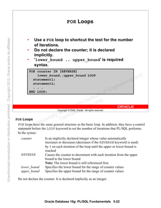 Oracle Database 10g: PL/SQL Fundamentals 5-22
Copyright © 2006, Oracle. All rights reserved.
FOR Loops
• Use a FOR loop to shortcut the test for the number
of iterations.
• Do not declare the counter; it is declared
implicitly.
• 'lower_bound .. upper_bound' is required
syntax.
FOR counter IN [REVERSE]
lower_bound..upper_bound LOOP
statement1;
statement2;
. . .
END LOOP;
FOR Loops
FOR loops have the same general structure as the basic loop. In addition, they have a control
statement before the LOOP keyword to set the number of iterations that PL/SQL performs.
In the syntax:
Do not declare the counter. It is declared implicitly as an integer.
Specifies the lower bound for the range of counter values
Specifies the upper bound for the range of counter values
lower_bound
upper_bound
Causes the counter to decrement with each iteration from the upper
bound to the lower bound
Note: The lower bound is still referenced first.
REVERSE
Is an implicitly declared integer whose value automatically
increases or decreases (decreases if the REVERSE keyword is used)
by 1 on each iteration of the loop until the upper or lower bound is
reached
counter
Oracle University and Gandhi Institute of Engineering and
Technology use onlyฺ
UnauthorizedreproductionordistributionprohibitedฺCopyright2012,Oracleand/oritsaffiliatesฺ
 