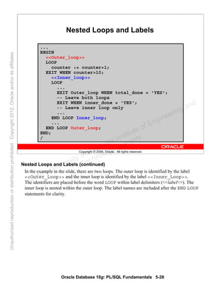 Oracle Database 10g: PL/SQL Fundamentals 5-28
Copyright © 2006, Oracle. All rights reserved.
Nested Loops and Labels
...
BEGIN
<<Outer_loop>>
LOOP
counter := counter+1;
EXIT WHEN counter>10;
<<Inner_loop>>
LOOP
...
EXIT Outer_loop WHEN total_done = 'YES';
-- Leave both loops
EXIT WHEN inner_done = 'YES';
-- Leave inner loop only
...
END LOOP Inner_loop;
...
END LOOP Outer_loop;
END;
/
Nested Loops and Labels (continued)
In the example in the slide, there are two loops. The outer loop is identified by the label
<<Outer_Loop>> and the inner loop is identified by the label <<Inner_Loop>>.
The identifiers are placed before the word LOOP within label delimiters (<<label>>). The
inner loop is nested within the outer loop. The label names are included after the END LOOP
statements for clarity.
Oracle University and Gandhi Institute of Engineering and
Technology use onlyฺ
UnauthorizedreproductionordistributionprohibitedฺCopyright2012,Oracleand/oritsaffiliatesฺ
 
