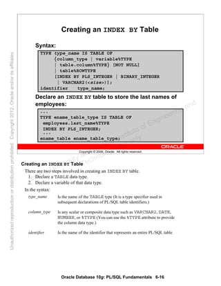 Oracle Database 10g: PL/SQL Fundamentals 6-16
Copyright © 2006, Oracle. All rights reserved.
Creating an INDEX BY Table
Syntax:
Declare an INDEX BY table to store the last names of
employees:
TYPE type_name IS TABLE OF
{column_type | variable%TYPE
| table.column%TYPE} [NOT NULL]
| table%ROWTYPE
[INDEX BY PLS_INTEGER | BINARY_INTEGER
| VARCHAR2(<size>)];
identifier type_name;
...
TYPE ename_table_type IS TABLE OF
employees.last_name%TYPE
INDEX BY PLS_INTEGER;
...
ename_table ename_table_type;
Creating an INDEX BY Table
There are two steps involved in creating an INDEX BY table.
1. Declare a TABLE data type.
2. Declare a variable of that data type.
In the syntax:
type_name Is the name of the TABLE type (It is a type specifier used in
subsequent declarations of PL/SQL table identifiers.)
column_type Is any scalar or composite data type such as VARCHAR2, DATE,
NUMBER, or %TYPE (You can use the %TYPE attribute to provide
the column data type.)
identifier Is the name of the identifier that represents an entire PL/SQL table
Oracle University and Gandhi Institute of Engineering and
Technology use onlyฺ
UnauthorizedreproductionordistributionprohibitedฺCopyright2012,Oracleand/oritsaffiliatesฺ
 
