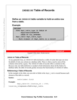 Oracle Database 10g: PL/SQL Fundamentals 6-21
Copyright © 2006, Oracle. All rights reserved.
INDEX BY Table of Records
Define an INDEX BY table variable to hold an entire row
from a table.
Example
DECLARE
TYPE dept_table_type IS TABLE OF
departments%ROWTYPE
INDEX BY PLS_INTEGER;
dept_table dept_table_type;
-- Each element of dept_table is a record
INDEX BY Table of Records
At any particular time, an INDEX BY table declared as a table of scalar data type can store
the details of only one column in a database table. There is often a need to store all the
columns retrieved by a query. The INDEX BY table of records offers a solution to this.
Because only one table definition is needed to hold information about all the fields of a
database table, the table of records greatly increases the functionality of INDEX BY tables.
Referencing a Table of Records
In the example in the slide, you can refer to fields in the dept_table record because each
element of the table is a record.
Syntax:
table(index).field
Example:
dept_table(15).location_id := 1700;
location_id represents a field in dept_table.
Oracle University and Gandhi Institute of Engineering and
Technology use onlyฺ
UnauthorizedreproductionordistributionprohibitedฺCopyright2012,Oracleand/oritsaffiliatesฺ
 