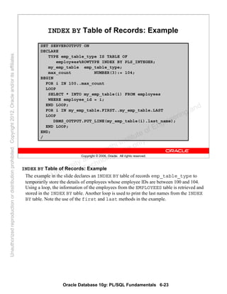 Oracle Database 10g: PL/SQL Fundamentals 6-23
Copyright © 2006, Oracle. All rights reserved.
INDEX BY Table of Records: Example
SET SERVEROUTPUT ON
DECLARE
TYPE emp_table_type IS TABLE OF
employees%ROWTYPE INDEX BY PLS_INTEGER;
my_emp_table emp_table_type;
max_count NUMBER(3):= 104;
BEGIN
FOR i IN 100..max_count
LOOP
SELECT * INTO my_emp_table(i) FROM employees
WHERE employee_id = i;
END LOOP;
FOR i IN my_emp_table.FIRST..my_emp_table.LAST
LOOP
DBMS_OUTPUT.PUT_LINE(my_emp_table(i).last_name);
END LOOP;
END;
/
INDEX BY Table of Records: Example
The example in the slide declares an INDEX BY table of records emp_table_type to
temporarily store the details of employees whose employee IDs are between 100 and 104.
Using a loop, the information of the employees from the EMPLOYEES table is retrieved and
stored in the INDEX BY table. Another loop is used to print the last names from the INDEX
BY table. Note the use of the first and last methods in the example.
Oracle University and Gandhi Institute of Engineering and
Technology use onlyฺ
UnauthorizedreproductionordistributionprohibitedฺCopyright2012,Oracleand/oritsaffiliatesฺ
 