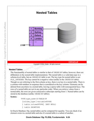 Oracle Database 10g: PL/SQL Fundamentals 6-24
Copyright © 2006, Oracle. All rights reserved.
Nested Tables
1
2
3
4
..
2 GB
Bombay
Sydney
Oxford
London
....
Nested Tables
The functionality of nested tables is similar to that of INDEX BY tables; however, there are
differences in the nested table implementation. The nested table is a valid data type in a
schema-level table, but an INDEX BY table is not. The key type for nested tables is not
PLS_INTEGER. The key cannot be a negative value (unlike in the INDEX BY table).
Though we are referring to the first column as key, there is no key in a nested table. There is
a column with numbers in sequence that is considered as the key column. Elements can be
deleted from anywhere in a nested table, leaving a sparse table with nonsequential keys. The
rows of a nested table are not in any particular order. When you retrieve values from a
nested table, the rows are given consecutive subscripts starting from 1. Nested tables can be
stored in the database (unlike INDEX BY tables).
Syntax:
TYPE type_name IS TABLE OF
{column_type | variable%TYPE
| table.column%TYPE} [NOT NULL]
| table.%ROWTYPE
In Oracle Database 10g, nested tables can be compared for equality. You can check if an
element exists in a nested table and also if a nested table is a subset of another.
Oracle University and Gandhi Institute of Engineering and
Technology use onlyฺ
UnauthorizedreproductionordistributionprohibitedฺCopyright2012,Oracleand/oritsaffiliatesฺ
 
