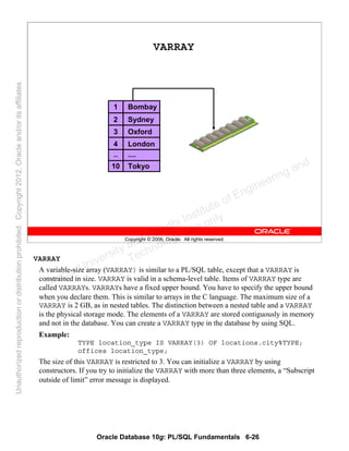 Oracle Database 10g: PL/SQL Fundamentals 6-26
Copyright © 2006, Oracle. All rights reserved.
Bombay
Sydney
Oxford
London
....
VARRAY
Tokyo
1
2
3
4
..
10
VARRAY
A variable-size array (VARRAY) is similar to a PL/SQL table, except that a VARRAY is
constrained in size. VARRAY is valid in a schema-level table. Items of VARRAY type are
called VARRAYs. VARRAYs have a fixed upper bound. You have to specify the upper bound
when you declare them. This is similar to arrays in the C language. The maximum size of a
VARRAY is 2 GB, as in nested tables. The distinction between a nested table and a VARRAY
is the physical storage mode. The elements of a VARRAY are stored contiguously in memory
and not in the database. You can create a VARRAY type in the database by using SQL.
Example:
TYPE location_type IS VARRAY(3) OF locations.city%TYPE;
offices location_type;
The size of this VARRAY is restricted to 3. You can initialize a VARRAY by using
constructors. If you try to initialize the VARRAY with more than three elements, a “Subscript
outside of limit” error message is displayed.
Oracle University and Gandhi Institute of Engineering and
Technology use onlyฺ
UnauthorizedreproductionordistributionprohibitedฺCopyright2012,Oracleand/oritsaffiliatesฺ
 