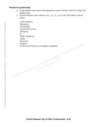 Oracle Database 10g: PL/SQL Fundamentals 6-30
Practice 6 (continued)
d. Using another loop, retrieve the department names from the INDEX BY table and
display them.
e. Execute and save your script as lab_06_02_soln.sql. The output is shown
below.
Oracle University and Gandhi Institute of Engineering and
Technology use onlyฺ
UnauthorizedreproductionordistributionprohibitedฺCopyright2012,Oracleand/oritsaffiliatesฺ
 